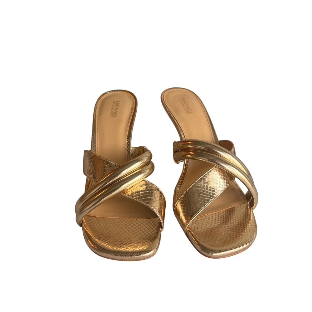Michael Kors Gold Wedge Sandals Snakeskin Embossed Metallic Mules Womens 9M - Picture 2 of 8